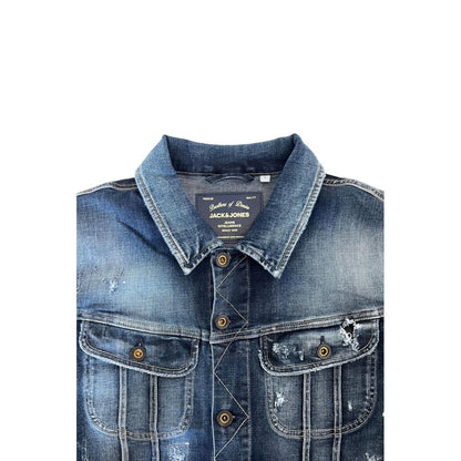 Trucker Jacket by Jack & Jones for men in stretch denim cotton polyester blue features an contemporary silhouette, showcasing a sophisticated and contemporary pockets for a truly refined look.