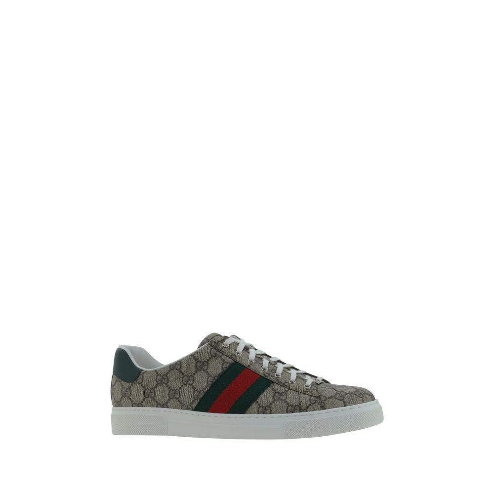 Sneakers by Gucci for men in cotton leather polyester & polyurethane beige, patterned & jacquard presents a on trend silhouette from the Gg Men's Low Top Cotton Leather Polyester & Polyurethane Sneakers collection, showcasing a on trend low-top style for an elevated aesthetic.
