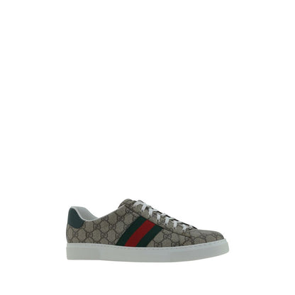 Sneakers by Gucci for men in cotton leather polyester & polyurethane beige, patterned & jacquard presents a on trend silhouette from the Gg Men's Low Top Cotton Leather Polyester & Polyurethane Sneakers collection, showcasing a on trend low-top style for an elevated aesthetic.