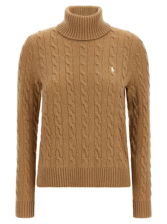 Cardigan by Polo Ralph Lauren for women in cashmere beige & camel features an crisp silhouette, showcasing a sophisticated turtle high-neck neckline and long-sleeve detail for a truly crisp finish.