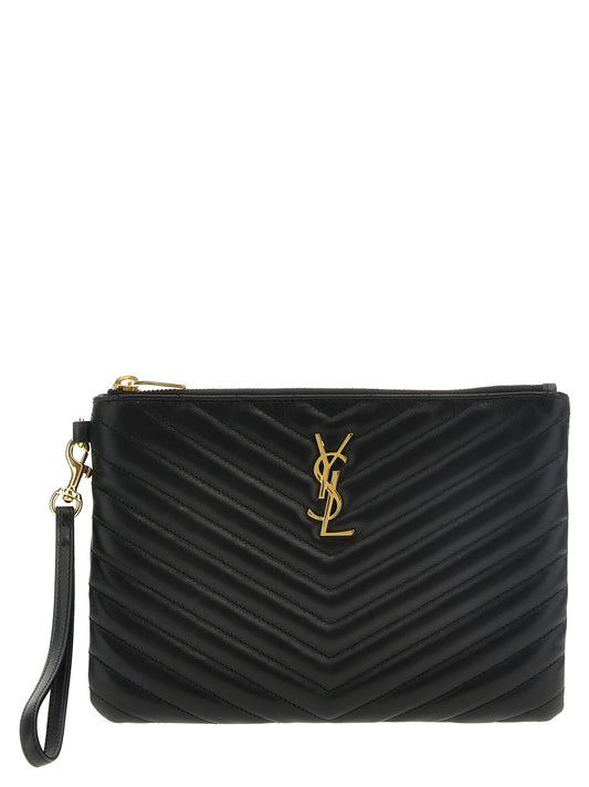 Clutch Handbag by Saint Laurent for women in calfskin leather black showcases a sculptural silhouette, featuring a secure zipper, ample , and versatile wristlet & handle for a sculptural aesthetic.