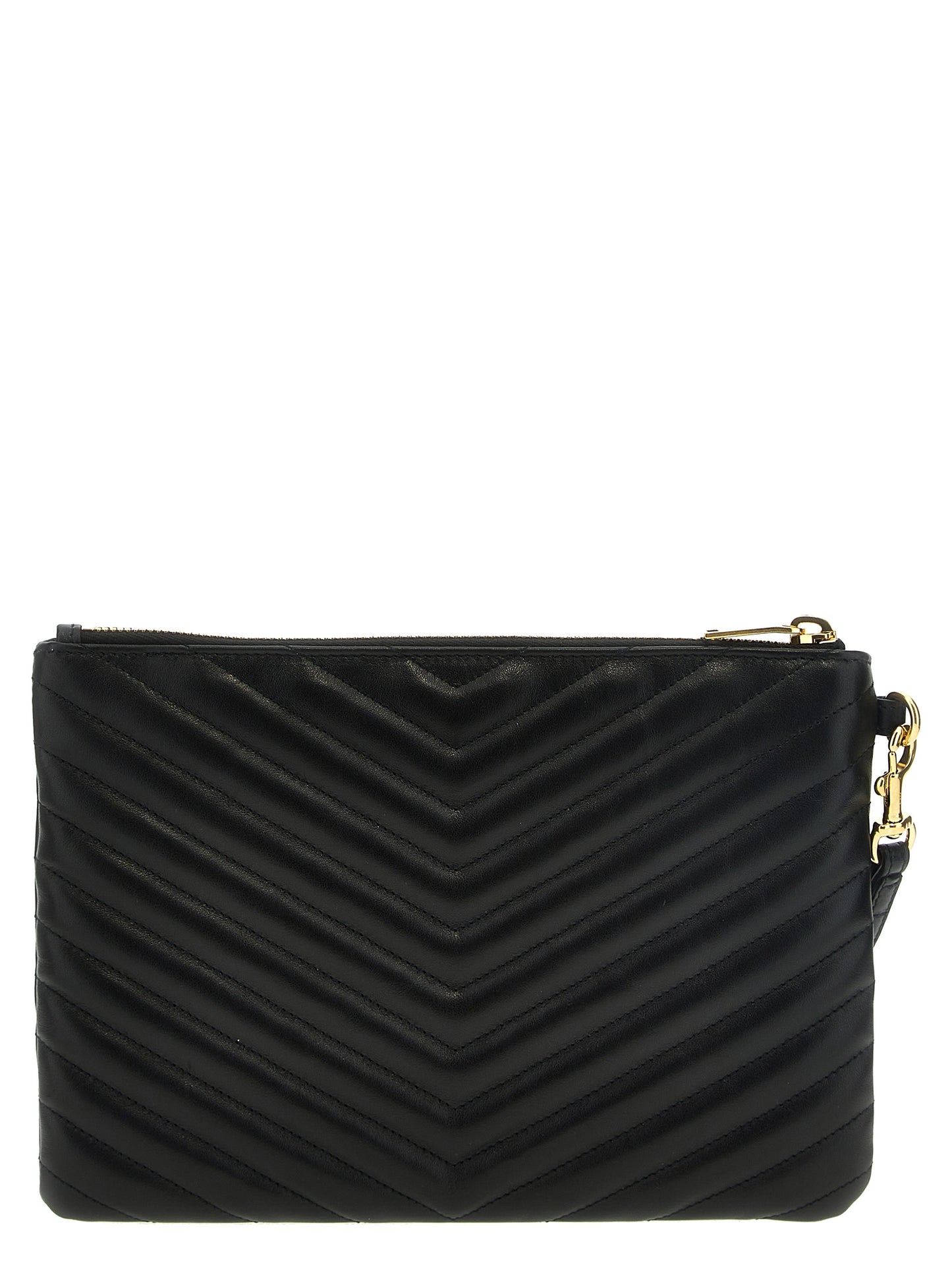 Clutch Handbag by Saint Laurent for women in calfskin leather black showcases a sculptural silhouette, featuring a secure zipper, ample , and versatile wristlet & handle for a sculptural finish.