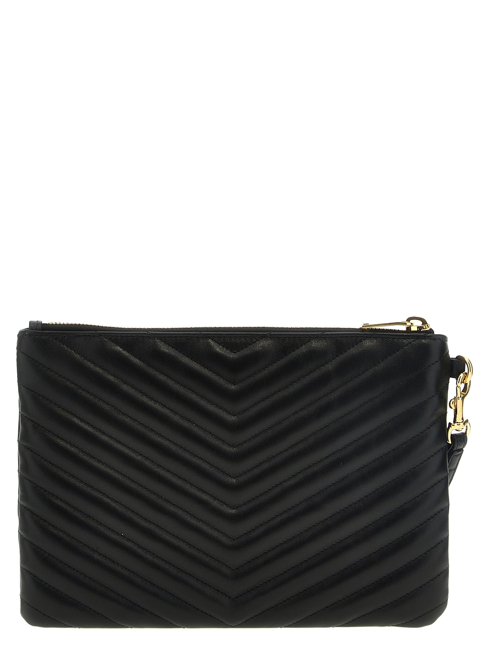 Clutch Handbag by Saint Laurent for women in calfskin leather black showcases a sculptural silhouette, featuring a secure zipper, ample , and versatile wristlet & handle for a sculptural finish.
