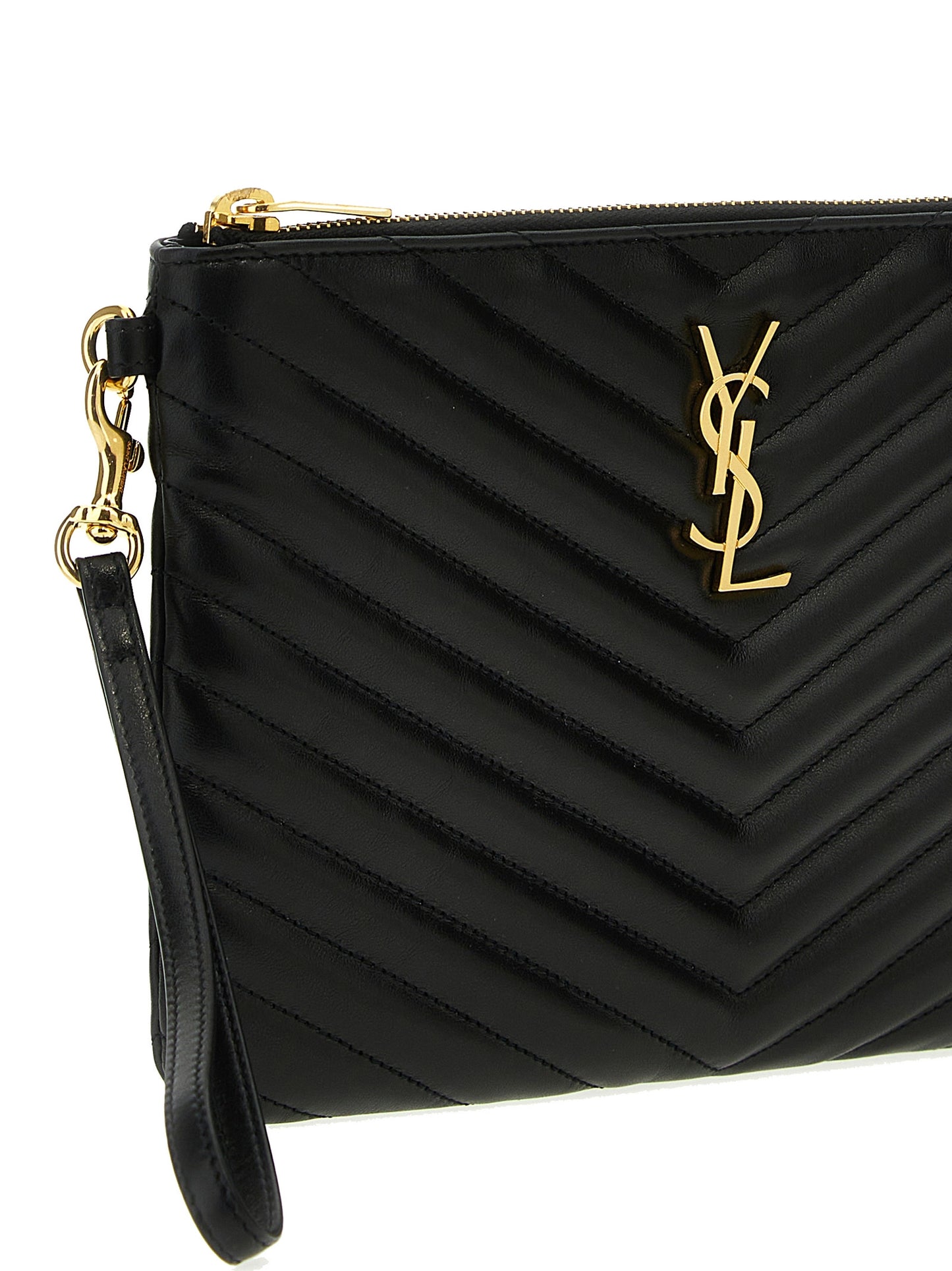 Clutch Handbag by Saint Laurent for women in calfskin leather black features a statuesque silhouette, showcasing a secure zipper and organized with versatile wristlet & handle for statuesque evening wear.