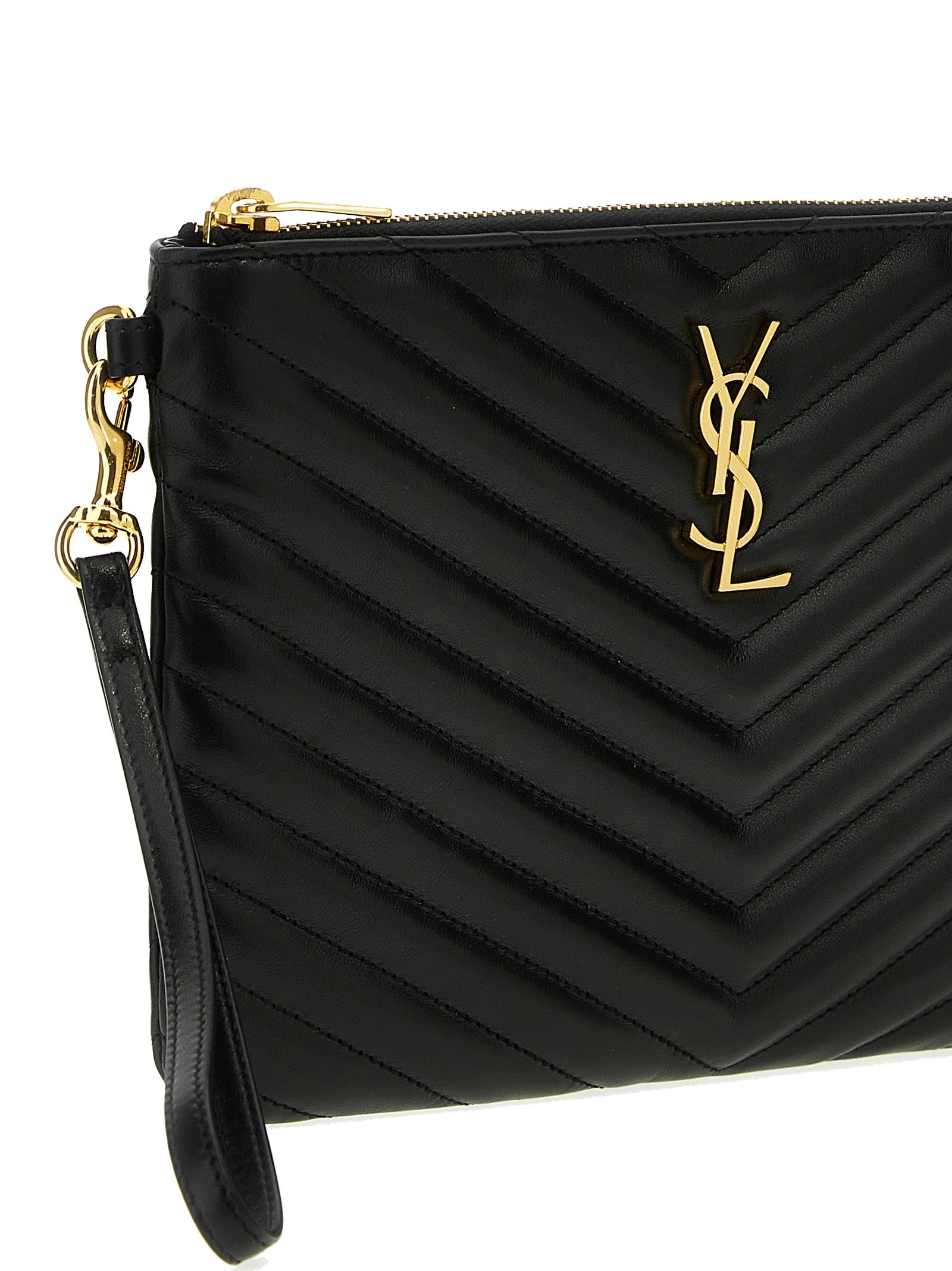 Clutch Handbag by Saint Laurent for women in calfskin leather black features a statuesque silhouette, showcasing a secure zipper and organized with versatile wristlet & handle for statuesque evening wear.