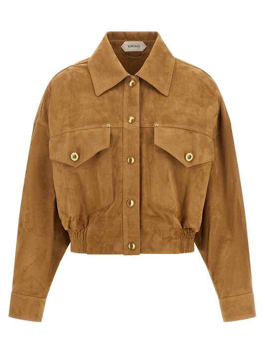 Jacket by Versace for women in suede lambskin leather brown & gold features a smart silhouette, perfectly accentuated by its unique and functional for a smart finish.