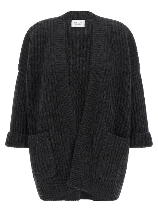 Cardigan by BE YOU for women in cashmere gray features a dramatic silhouette, showcasing a sophisticated and dramatic three-quarter-sleeve detail for a timeless, premium look.