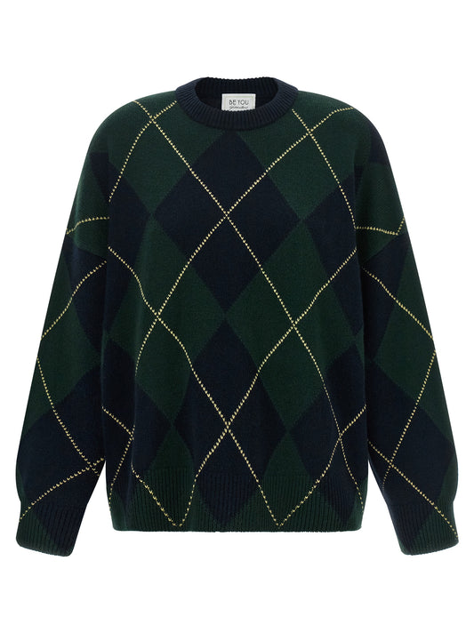 Cardigan by BE YOU for women in cashmere blue, green, multicolor & patterned showcases a captivating silhouette, artfully detailed with a captivating and crew neckline for a truly sophisticated captivating look.