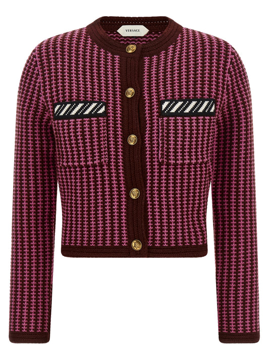 Cardigan by Versace for women in virgin wool burgundy, gold, multicolor, pink & patterned showcases a captivating silhouette, artfully detailed with a captivating and round neckline for a truly sophisticated captivating look.