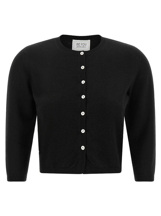 Cardigan by BE YOU for women in cashmere black features a nuanced silhouette with a refined round crew neckline and nuanced three-quarter-sleeve detailing for a sophisticated look.