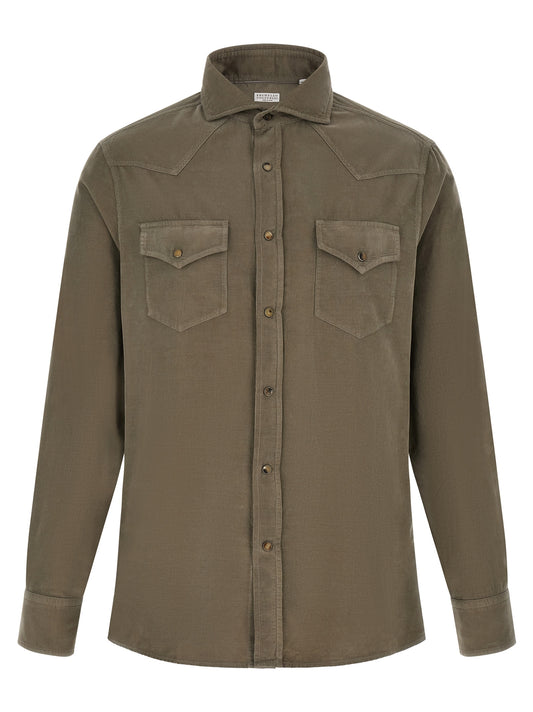 Shirt by Brunello Cucinelli for men in velvet cotton corduroy bicolour, green, horn & olive features an polished silhouette, showcasing a sophisticated and detail for a truly polished finish.