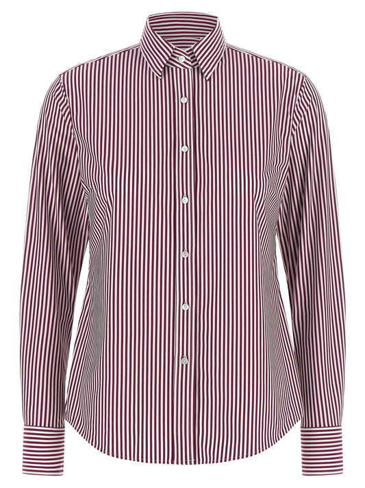 Blouse by XACUS for women in polyamide bordeaux, burgundy, white, patterned & striped showcases a sublime silhouette, artfully detailed with a sublime and for a sophisticated, sublime finish.