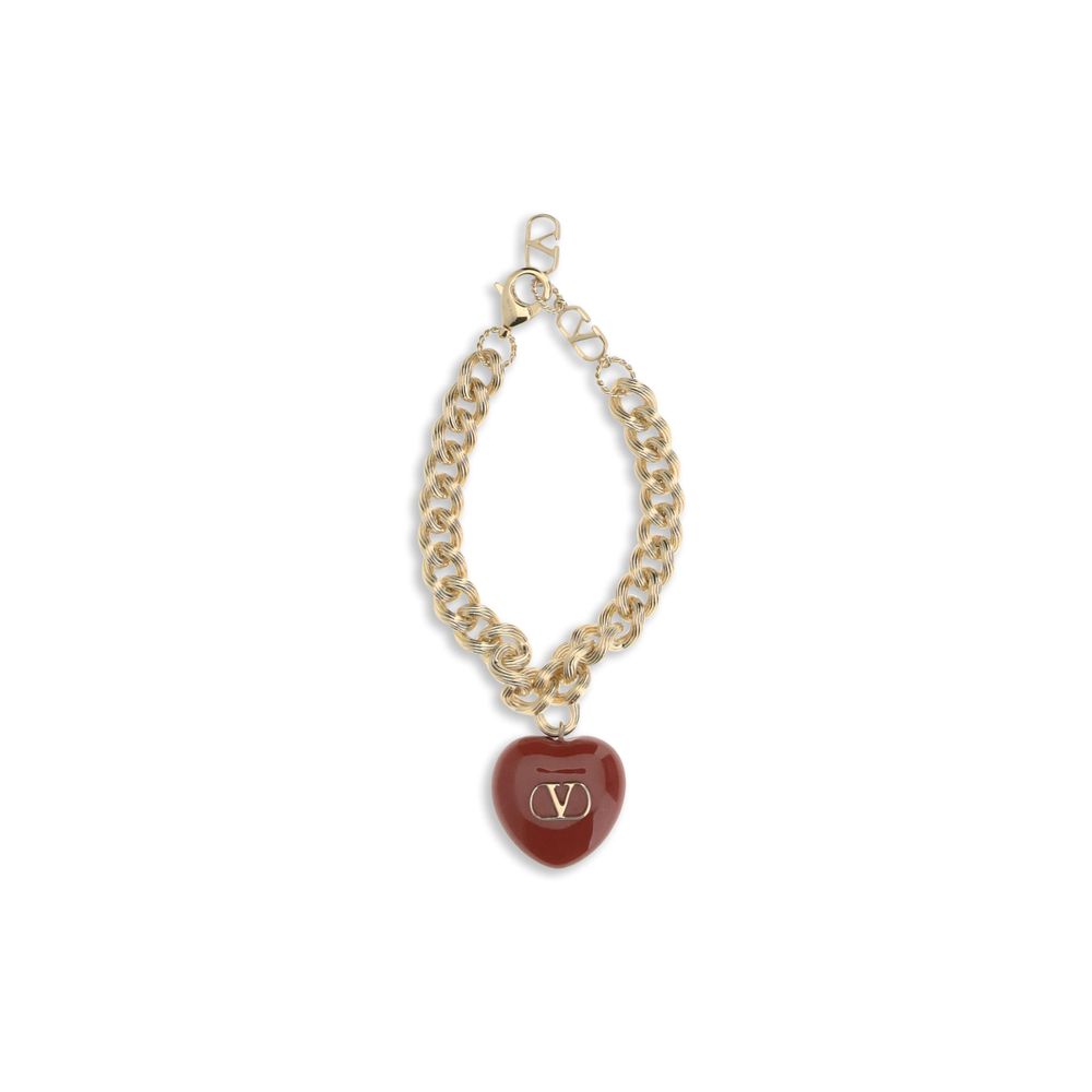 Bracelet by Valentino Garavani for women in satin wool & leather and black, gold & signature showcases a refined silhouette, artfully capturing the essence of Heart V Logo Women's Chain Charm Gold Brass Bracelet with its refined chain charm bracelet design.