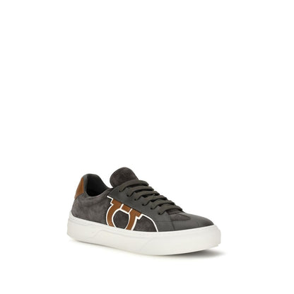 Sneakers by Ferragamo for men in suede calf leather gray & patterned features an fashionable silhouette, showcasing the premium Gancini Men's Low Top Suede Calf Leather Sneakers in a fashionable low-top style that offers a fashionable finish for refined style.