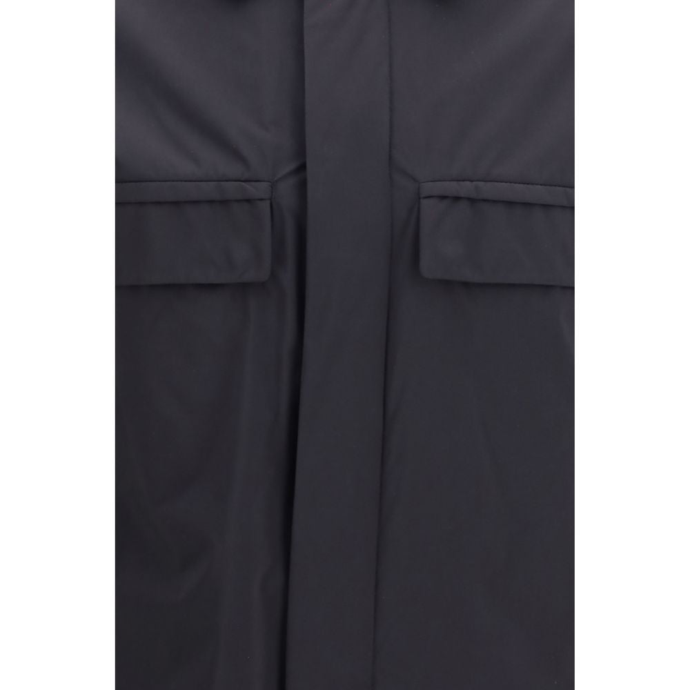 Overcoat by LAMINAR for men in polyamide black presents a luxurious silhouette, showcasing a luxurious stand-collar neckline and sophisticated pockets for a premium, luxurious look.
