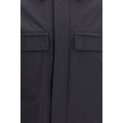 Overcoat by LAMINAR for men in polyamide black presents a luxurious silhouette, showcasing a luxurious stand-collar neckline and sophisticated pockets for a premium, luxurious look.