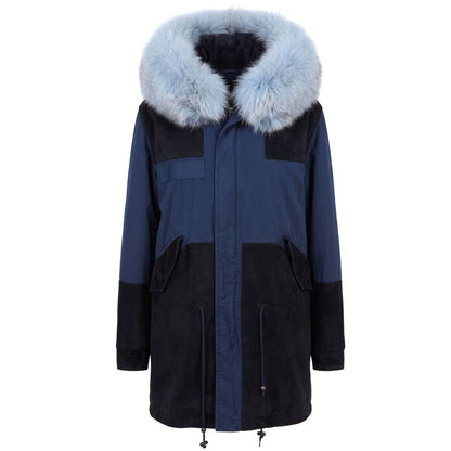 Hooded Parka by Mr&Mrs Italy for women in cotton polyester lamb leather & fox fur blue features a modern silhouette, showcasing a sophisticated hooded neckline and premium hooded for a truly modern finish.