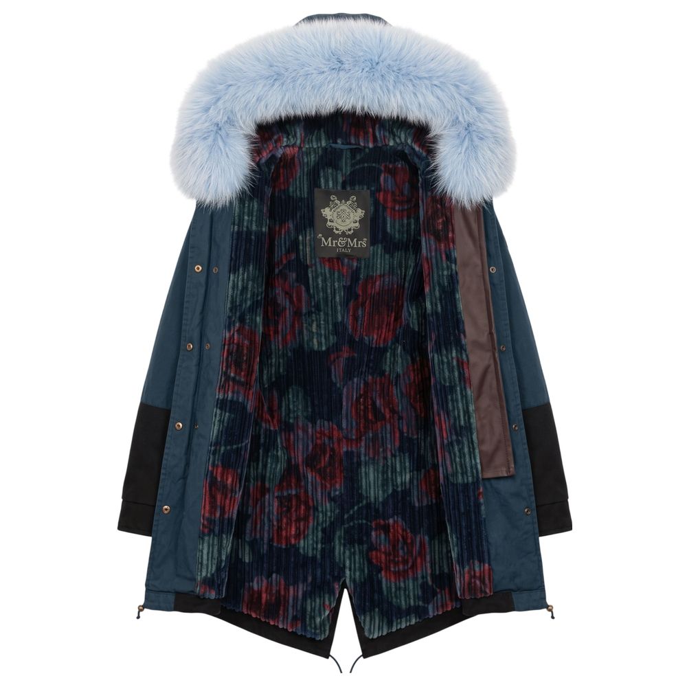 Hooded Parka by Mr&Mrs Italy for women in cotton polyester lamb leather & fox fur blue presents a decadent silhouette, showcasing the decadent hooded neckline and functional hooded for a premium, weather-ready look.