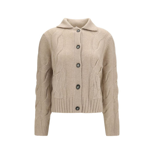 Cardigan by Allude for women in cashmere & silk beige features a nuanced silhouette with a refined high-collar neckline and nuanced long-sleeve detailing for a sophisticated look.