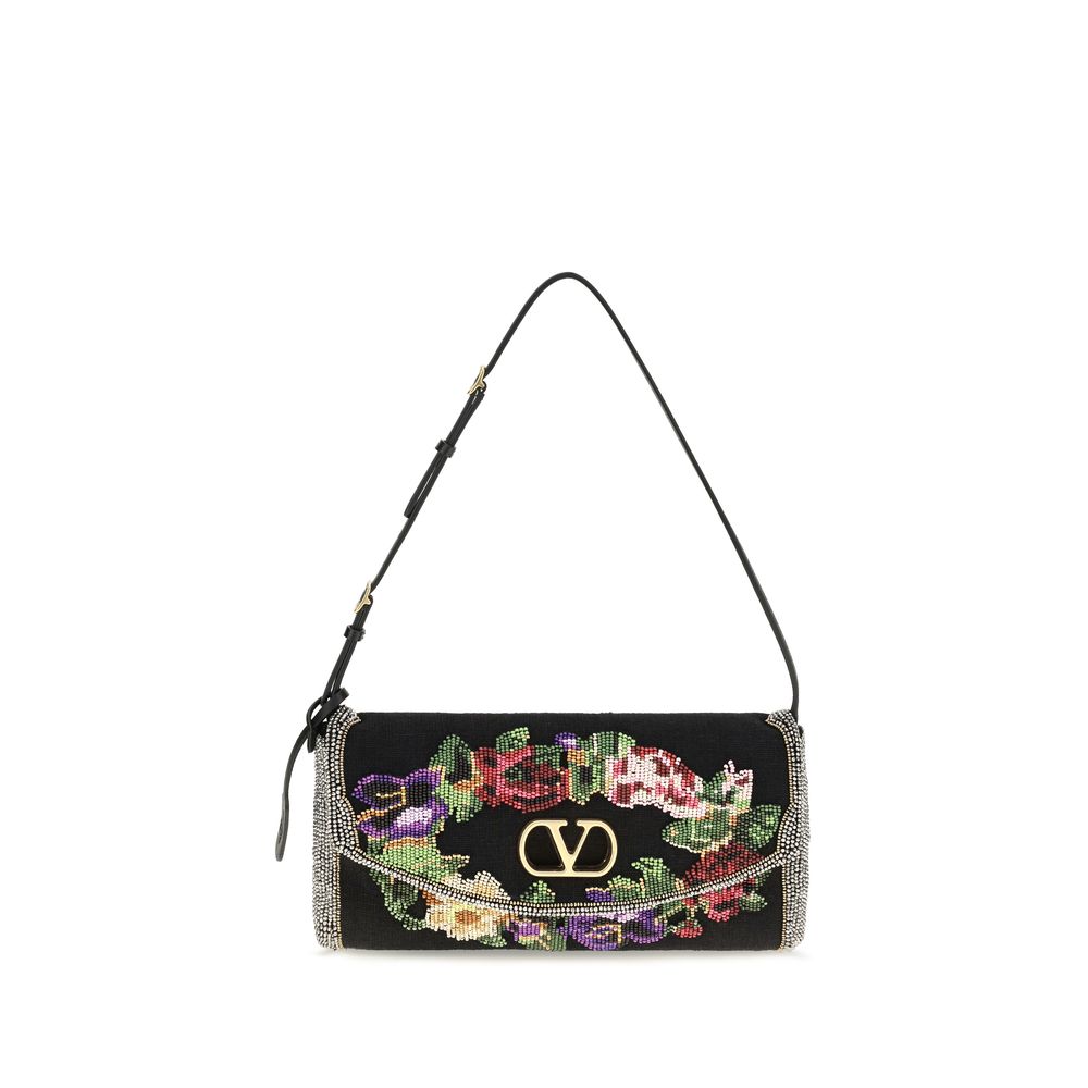 Valentino Garavani De Vain V Logo Calfskin Leather & Linen Small Shoulder Bag - Gold Multicolor Floral Signature