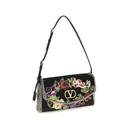 Valentino Garavani De Vain V Logo Calfskin Leather & Linen Small Shoulder Bag - Gold Multicolor Floral Signature