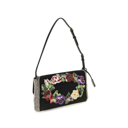 Valentino Garavani De Vain V Logo Calfskin Leather & Linen Small Shoulder Bag - Gold Multicolor Floral Signature