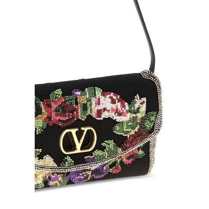Valentino Garavani De Vain V Logo Calfskin Leather & Linen Small Shoulder Bag - Gold Multicolor Floral Signature