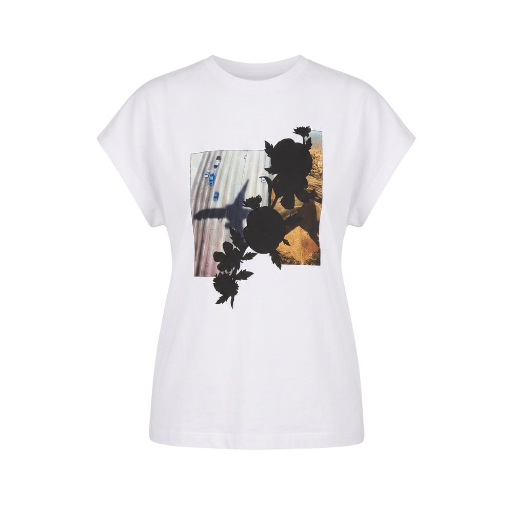 T-Shirt by Trussardi for women in cotton white & print showcases a dramatic silhouette, elegantly detailed with a dramatic crew neckline and for a truly dramatic finish.