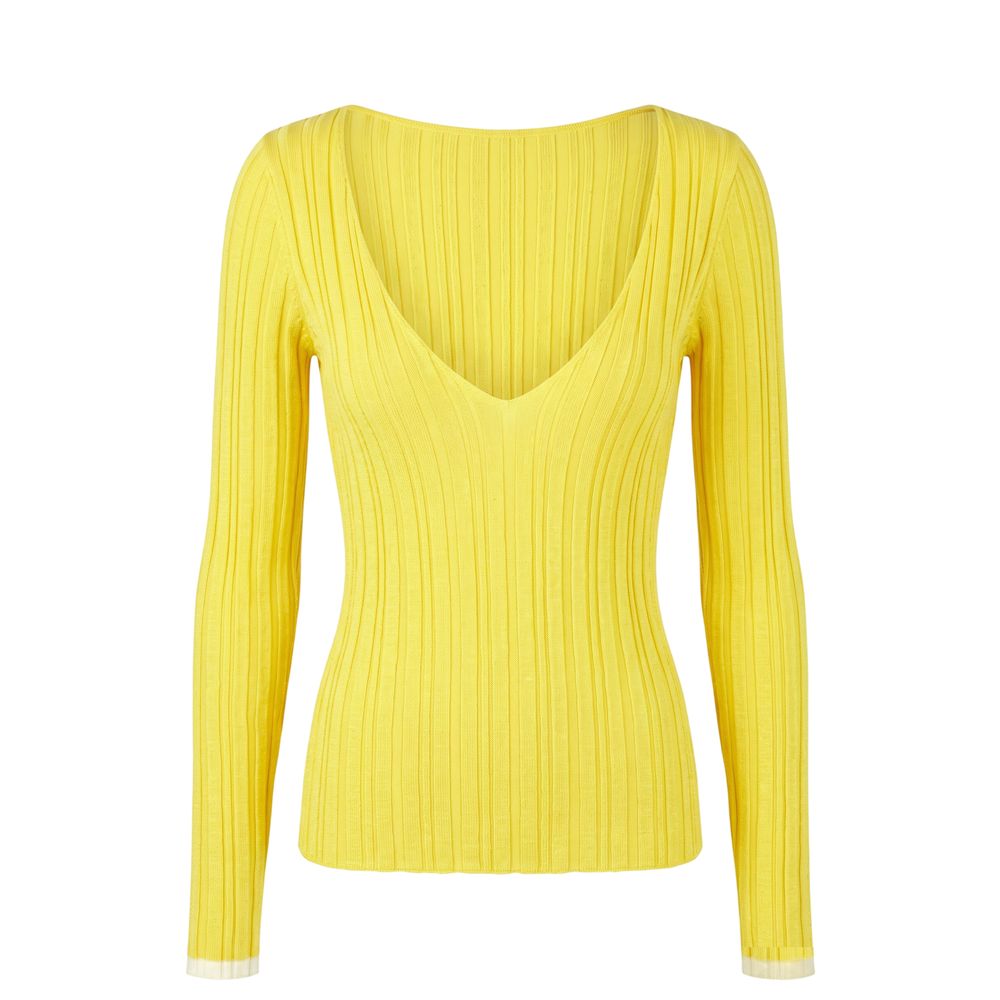 Sweatshirt by Trussardi Jeans for women in polyester & viscose bicolour & yellow features an exquisite silhouette, showcasing long-sleeve and v-neck neckline details for a exquisite look.