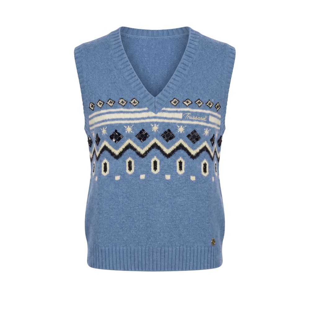 Sweater by Trussardi Jeans for women in cotton polyester & nylon blue, patterned, jacquard & signature features an polished silhouette, showcasing refined sleeveless and a sophisticated v-neck neckline for a truly polished finish.
