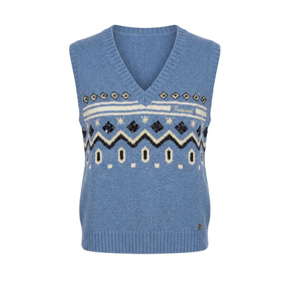 Sweater by Trussardi Jeans for women in cotton polyester & nylon blue, patterned, jacquard & signature features an polished silhouette, showcasing refined sleeveless and a sophisticated v-neck neckline for a truly polished finish.