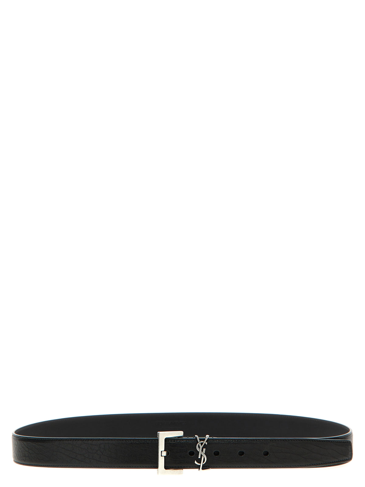 Belt by Saint Laurent for men in leather & metal black & silver presents a artisanal silhouette from the Cassandre Leather & Metal Belt collection, showcasing an artisanal design and refined craftsmanship for a artisanal look.