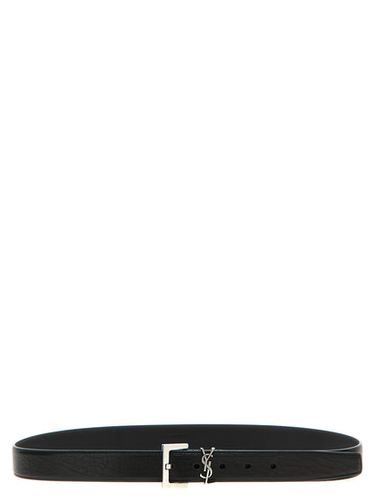 Belt by Saint Laurent for men in leather & metal black & silver presents a artisanal silhouette from the Cassandre Leather & Metal Belt collection, showcasing an artisanal design and refined craftsmanship for a artisanal look.