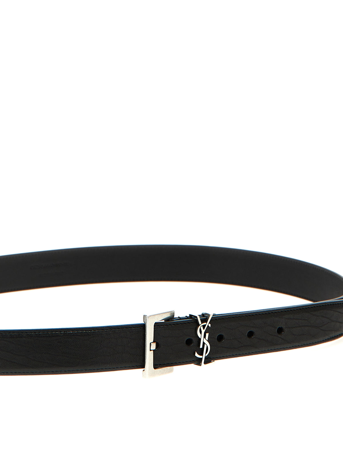 Belt by Saint Laurent for men in leather & metal black & silver features an artisanal silhouette, showcasing the artisanal craftsmanship of the Cassandre Leather & Metal Belt collection for a artisanal finish.