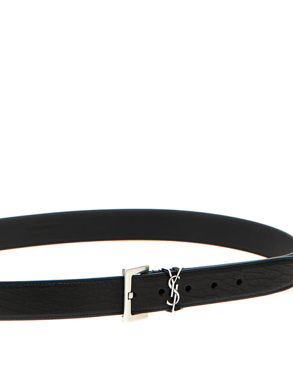Belt by Saint Laurent for men in leather & metal black & silver features an artisanal silhouette, showcasing the artisanal craftsmanship of the Cassandre Leather & Metal Belt collection for a artisanal finish.