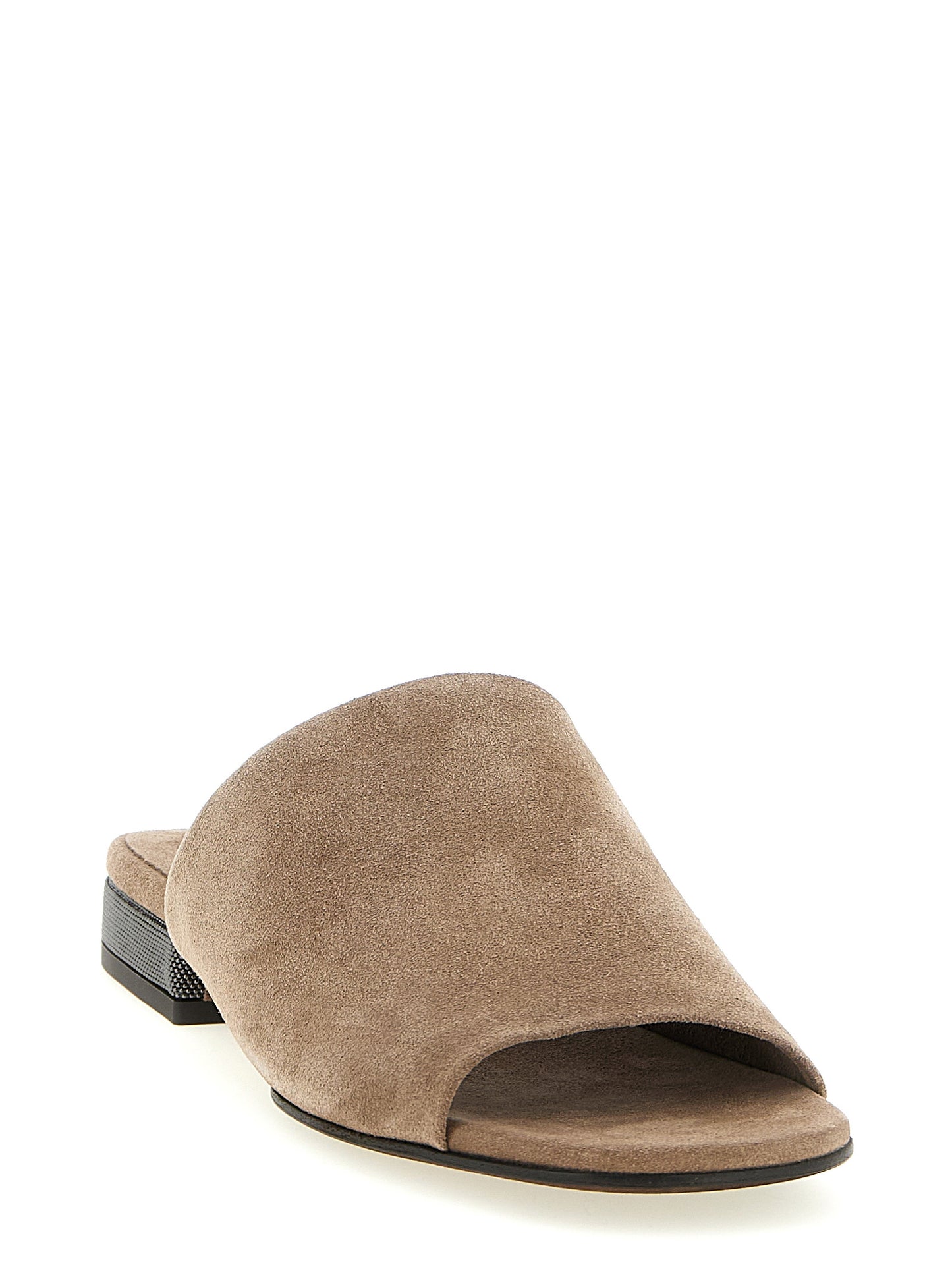 Brunello Cucinelli Monile Women's Suede Calfskin Leather Sliders Sandals Flat Shoes - Brown