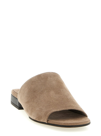 Brunello Cucinelli Monile Women's Suede Calfskin Leather Sliders Sandals Flat Shoes - Brown