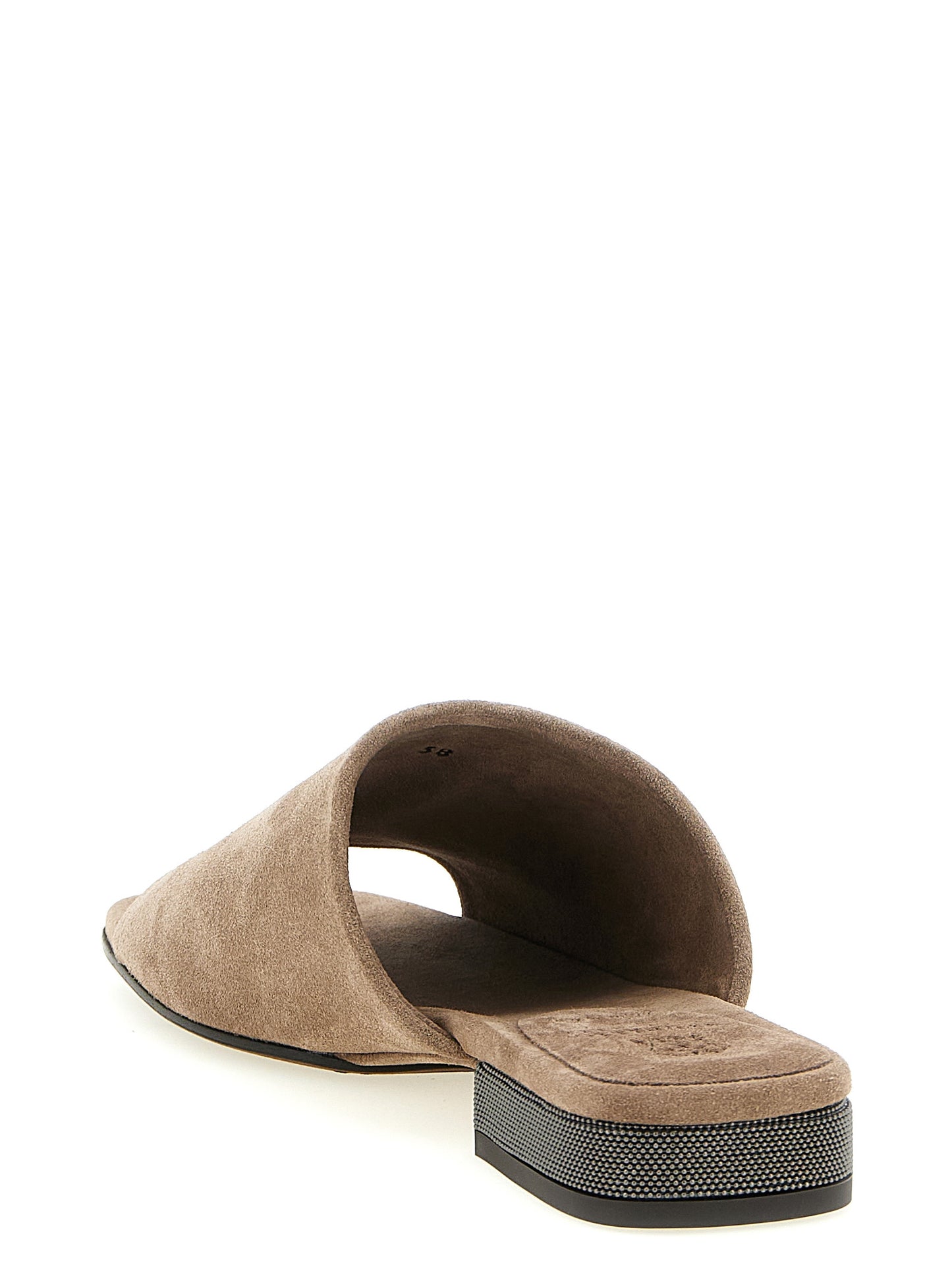 Brunello Cucinelli Monile Women's Suede Calfskin Leather Sliders Sandals Flat Shoes - Brown
