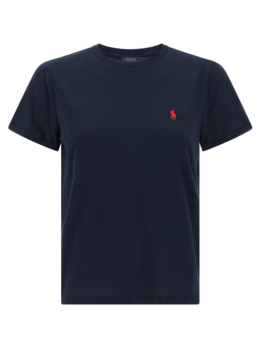 Polo Shirt by Polo Ralph Lauren for women in cotton blue presents a sleek silhouette, featuring a refined crew neckline and short-sleeve for a sleek finish.