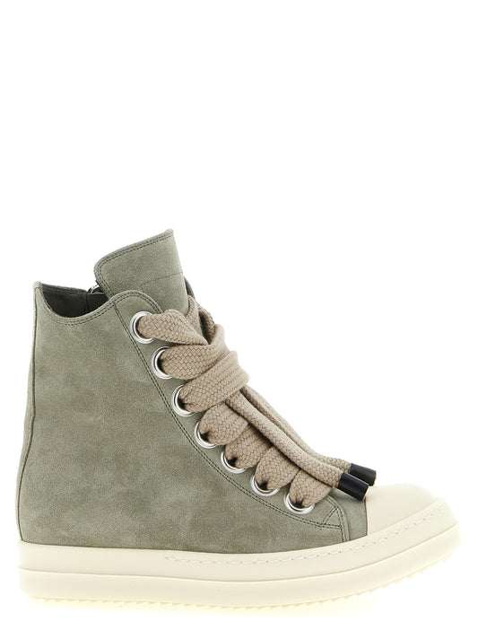 Sneakers by Rick Owens for women in suede calfskin leather bicolour, green & silver presents a impeccable silhouette as Women's High Top Suede Calfskin Leather Sneakers, expertly defined by a impeccable high-top style for a impeccable, high-fashion look.