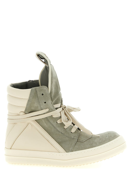 Athletic Sneakers by Rick Owens for women in bos taurus suede calfskin leather bicolour, cream & green features an effortless chic silhouette, showcasing the signature high-top style of the Women's High Top Bos Taurus Suede Calfskin Leather Athletic Sneakers collection with a truly effortless chic finish.