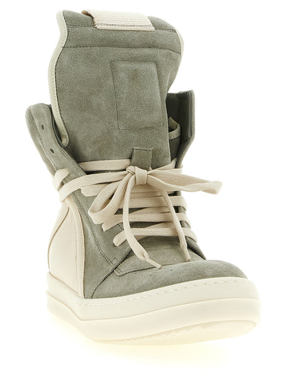 Athletic Sneakers by Rick Owens for women in bos taurus suede calfskin leather bicolour, cream & green features an timeless silhouette from the Women's High Top Bos Taurus Suede Calfskin Leather Athletic Sneakers collection, showcasing a timeless high-top style for a timeless look.