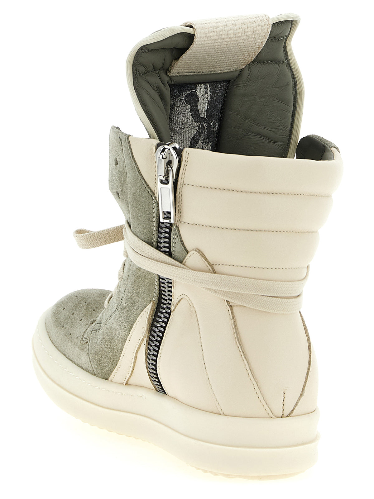 Athletic Sneakers by Rick Owens for women in bos taurus suede calfskin leather bicolour, cream & green features an exquisite silhouette, showcasing the premium high-top style of the Women's High Top Bos Taurus Suede Calfskin Leather Athletic Sneakers with an exquisite finish.