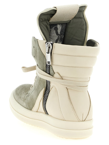 Athletic Sneakers by Rick Owens for women in bos taurus suede calfskin leather bicolour, cream & green features an exquisite silhouette, showcasing the premium high-top style of the Women's High Top Bos Taurus Suede Calfskin Leather Athletic Sneakers with an exquisite finish.