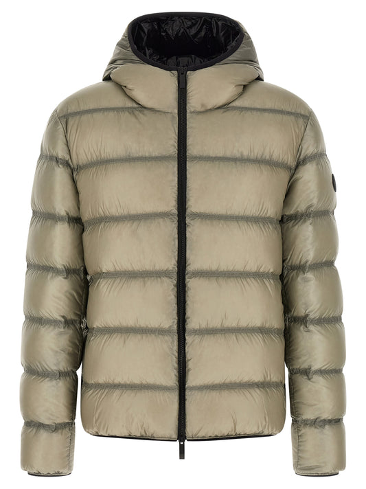 Hooded Puffer Jacket by Moncler for men in polyamide beige & green presents a effortlessly chic silhouette, showcasing a sophisticated hooded neckline and premium hooded & insulated for a truly effortlessly chic finish.