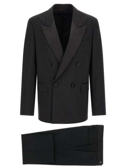 Tuxedo by Lardini for men in virgin wool black presents a elite silhouette, showcasing a sophisticated and elite straight-leg for a refined, high-fashion aesthetic.