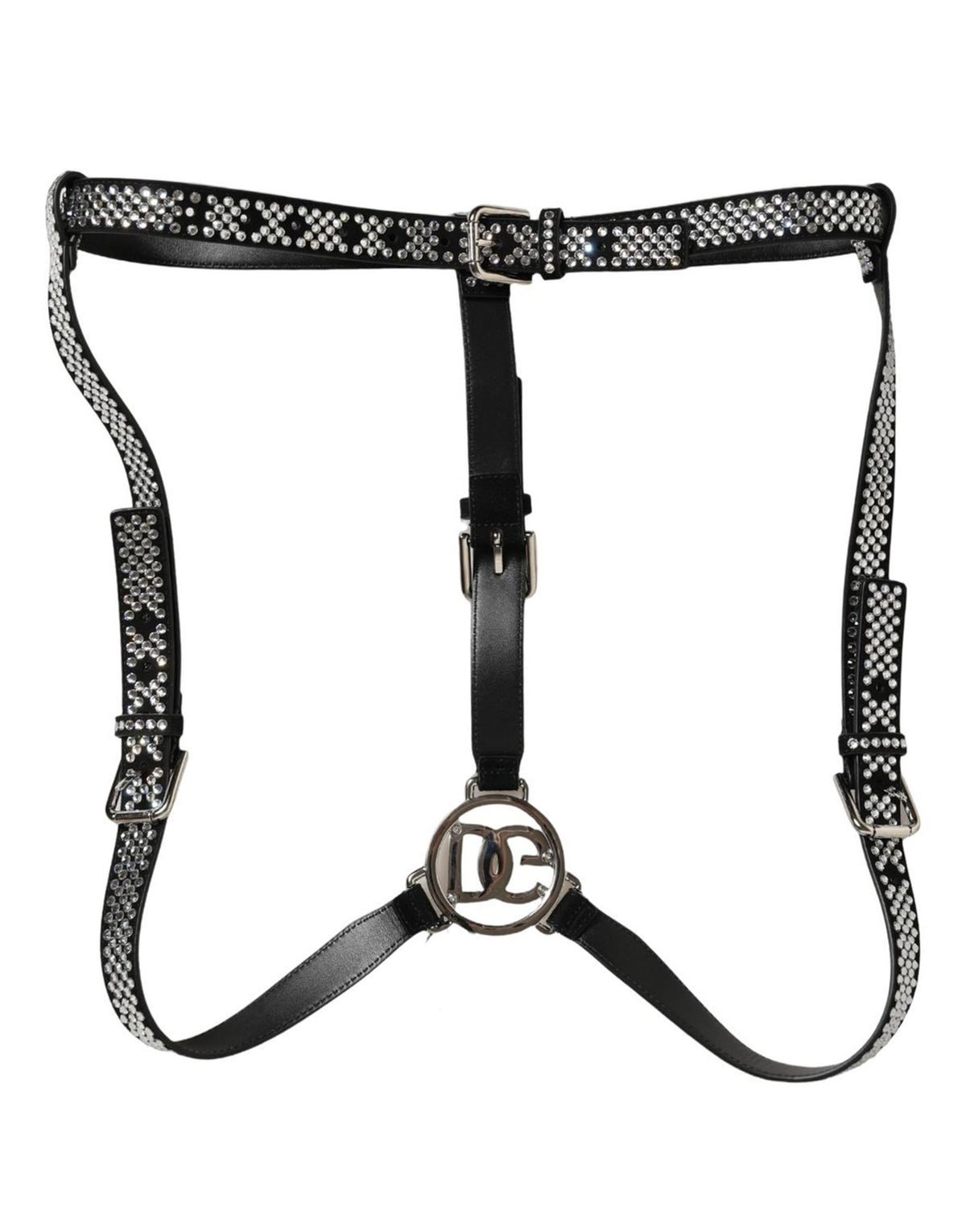 Dolce & Gabbana Rhinestone & Goat Leather Suspenders - Black Silver