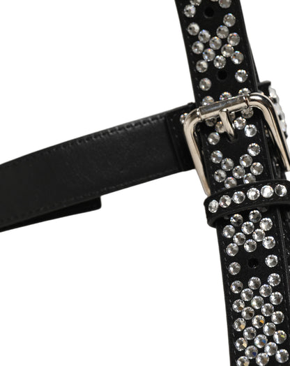 Dolce & Gabbana Rhinestone & Goat Leather Suspenders - Black Silver