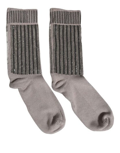 Socks by Dolce & Gabbana for men in virgin wool calf leather & sequins gray & striped features a snug silhouette, artfully capturing the essence of the snug Men's Virgin Wool Calf Leather & Sequins Socks design for a sophisticated look.