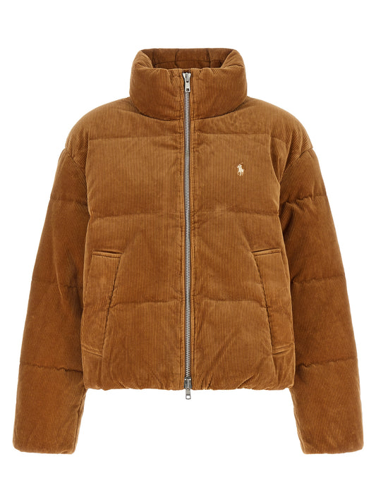 Puffer Jacket by Polo Ralph Lauren for women in stretch cotton corduroy brown, hazelnut & silver features an on trend silhouette, showcasing refined pockets & insulated and a sophisticated mock neckline for a truly on trend finish.